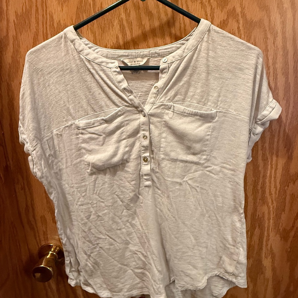 Lucky Brand Baby Blue Blouse with Mandarin Collar and Short Sleeves
